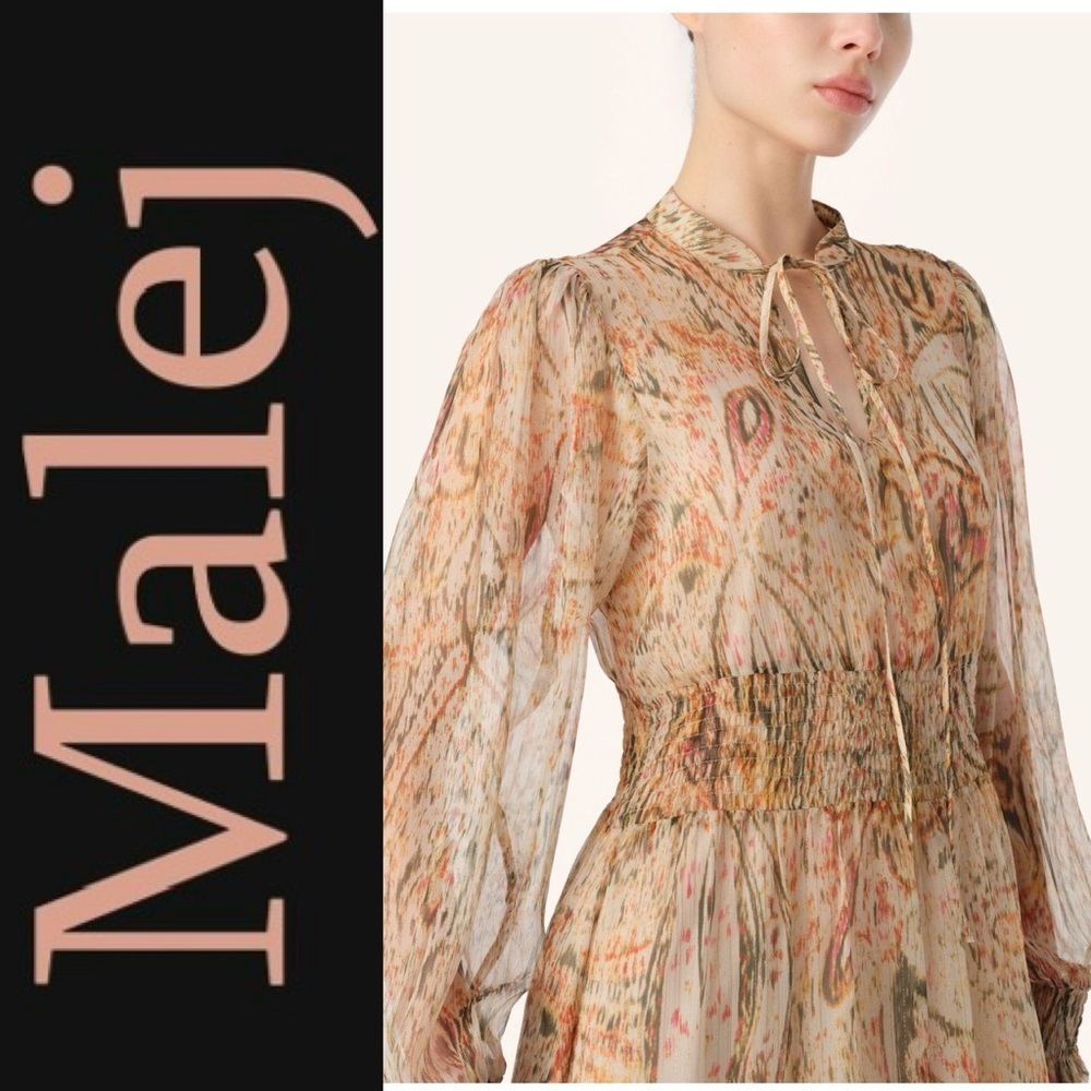 NWT Malej Silk Printed Metallic Long Sleeve midi Dress EU 34-36 - Picture 3 of 15